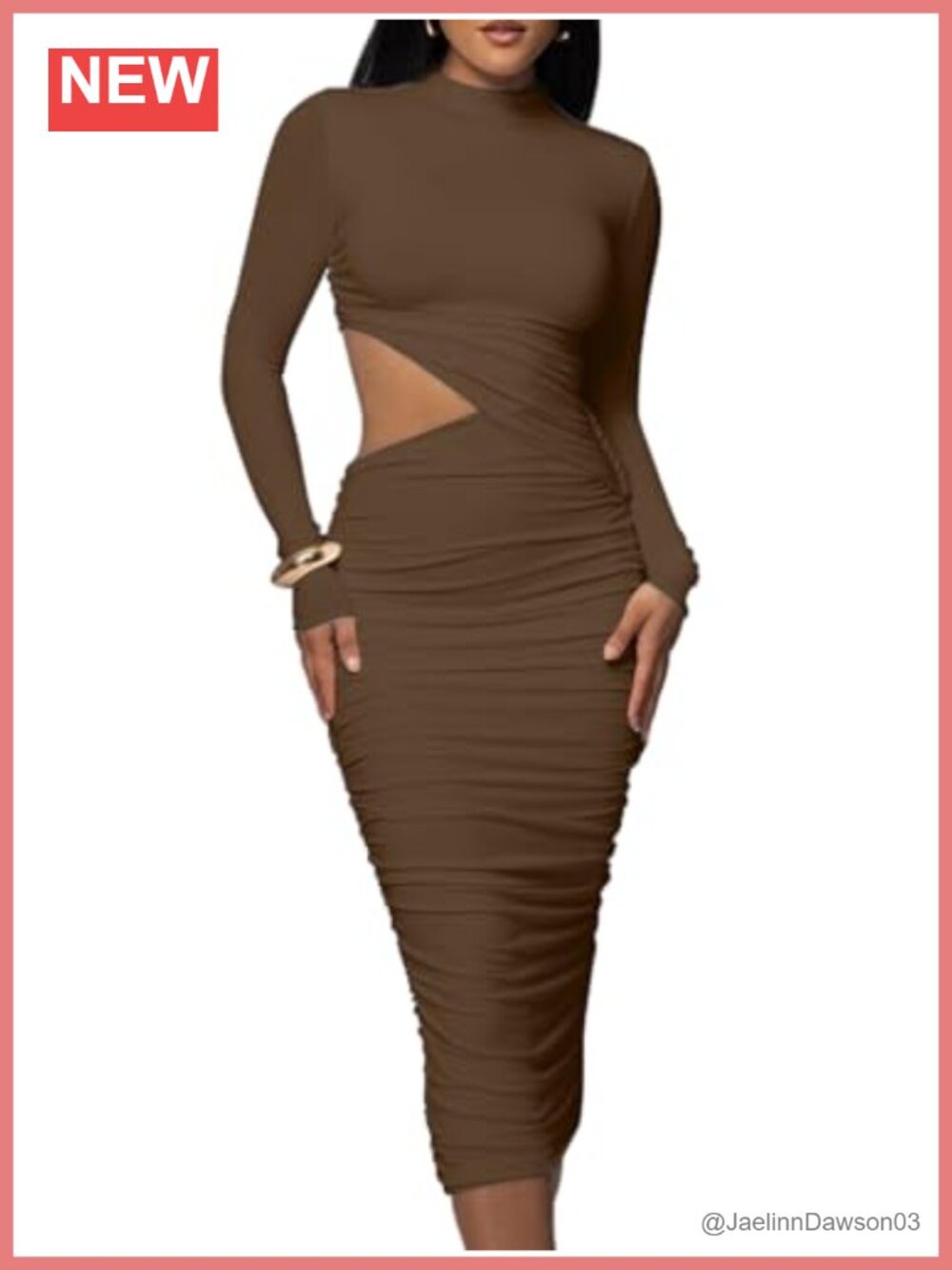 Mock Neck Long Sleeve Ruched Midi Bodycon Dress